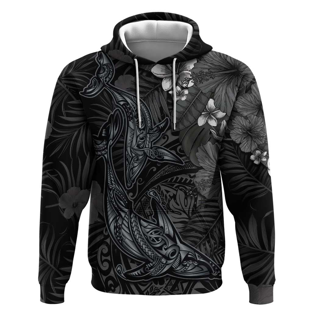 Hawaiian Tropical Plants and Tribal Whales Zip Hoodie Polynesian Art Tattoo Grayscale LT03 Pullover Hoodie Black - Polynesian Pride