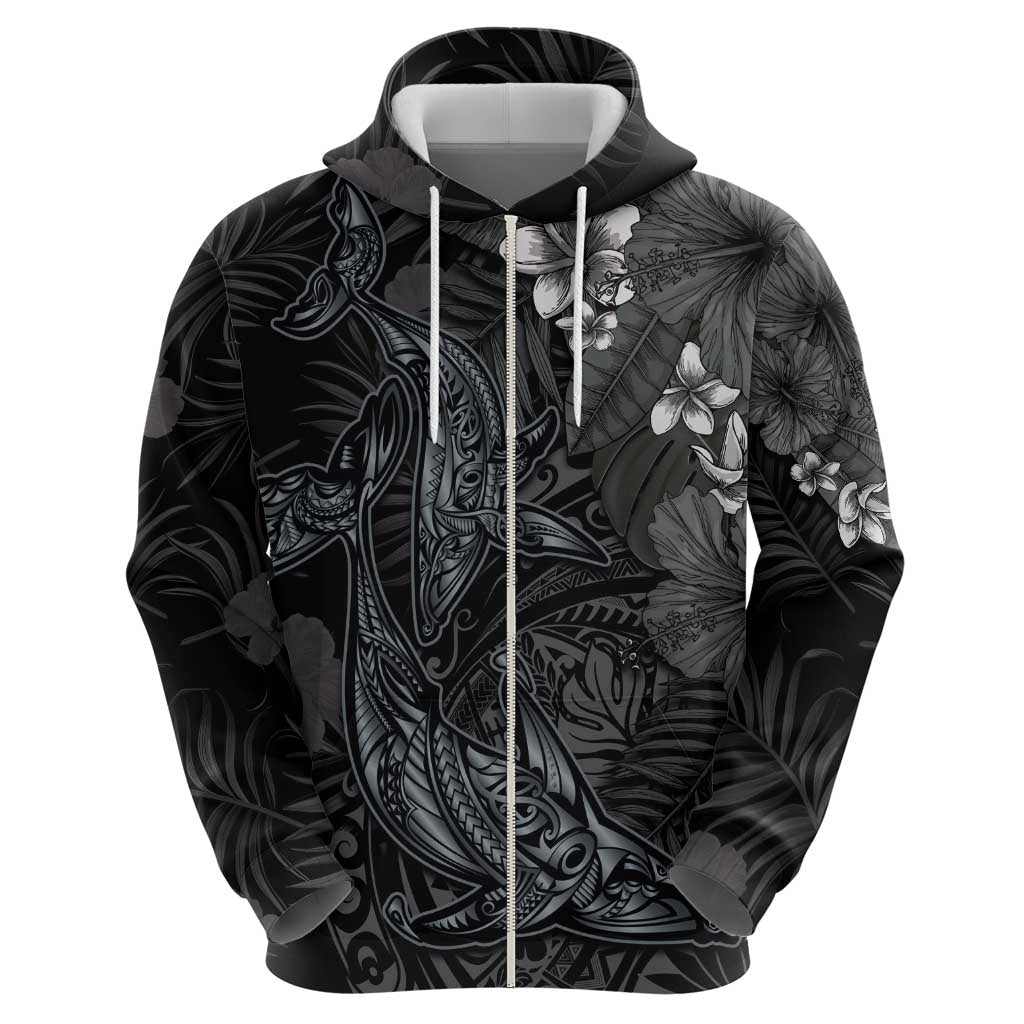 Hawaiian Tropical Plants and Tribal Whales Zip Hoodie Polynesian Art Tattoo Grayscale LT03 - Polynesian Pride