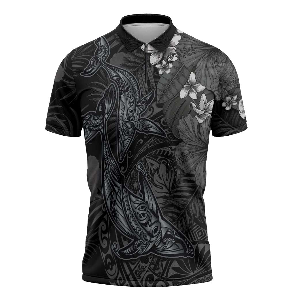 Hawaiian Tropical Plants and Tribal Whales Zipper Polo Shirt Polynesian Art Tattoo Grayscale LT03 Black - Polynesian Pride