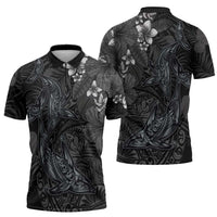 Hawaiian Tropical Plants and Tribal Whales Zipper Polo Shirt Polynesian Art Tattoo Grayscale LT03 - Polynesian Pride