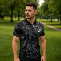 Hawaiian Tropical Plants and Tribal Whales Zipper Polo Shirt Polynesian Art Tattoo Grayscale LT03 - Polynesian Pride