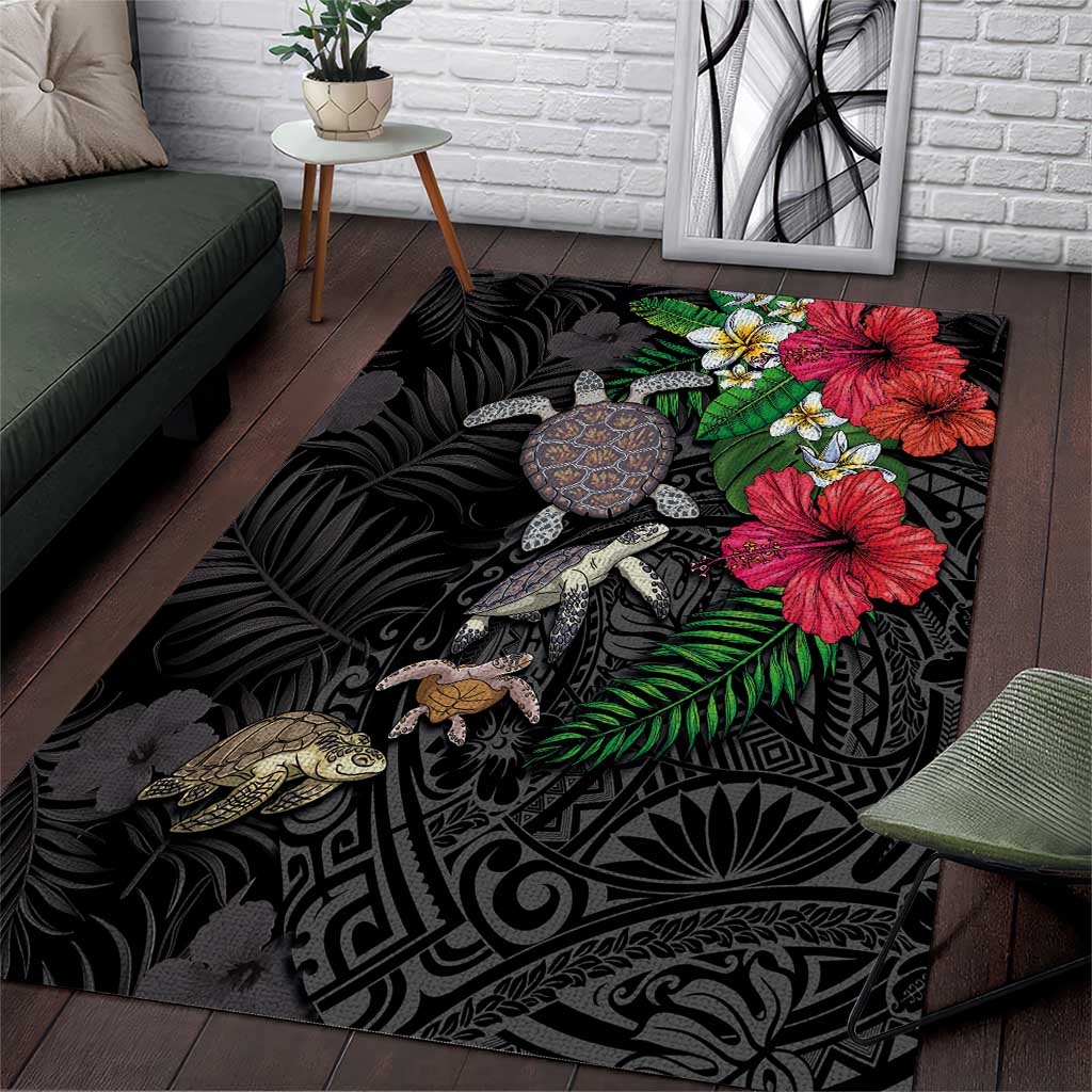 Hawaiian Tropical Plants and Turtles Area Rug Polynesian Art Motifs LT03 Black - Polynesian Pride