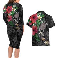 Hawaiian Tropical Plants and Turtles Couples Matching Long Sleeve Bodycon Dress and Hawaiian Shirt Polynesian Art Motifs LT03 - Polynesian Pride