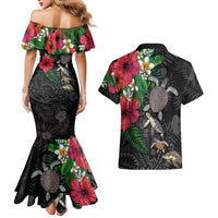 Hawaiian Tropical Plants and Turtles Couples Matching Mermaid Dress and Hawaiian Shirt Polynesian Art Motifs LT03 - Polynesian Pride