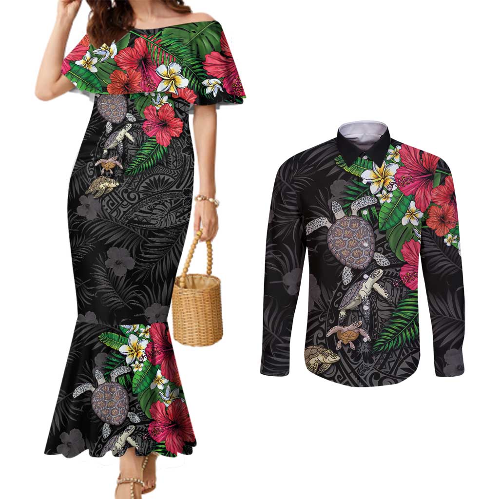 Hawaiian Tropical Plants and Turtles Couples Matching Mermaid Dress and Long Sleeve Button Shirt Polynesian Art Motifs