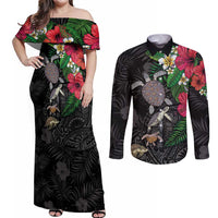 Hawaiian Tropical Plants and Turtles Couples Matching Off Shoulder Maxi Dress and Long Sleeve Button Shirt Polynesian Art Motifs LT03 Black - Polynesian Pride