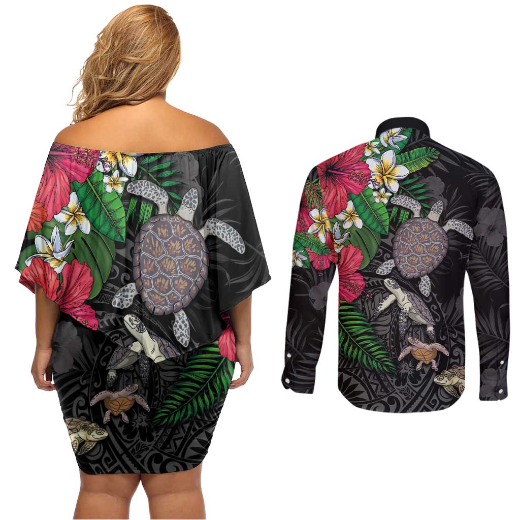 Hawaiian Tropical Plants and Turtles Couples Matching Off Shoulder Short Dress and Long Sleeve Button Shirt Polynesian Art Motifs LT03 - Polynesian Pride