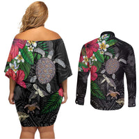 Hawaiian Tropical Plants and Turtles Couples Matching Off Shoulder Short Dress and Long Sleeve Button Shirt Polynesian Art Motifs LT03 - Polynesian Pride