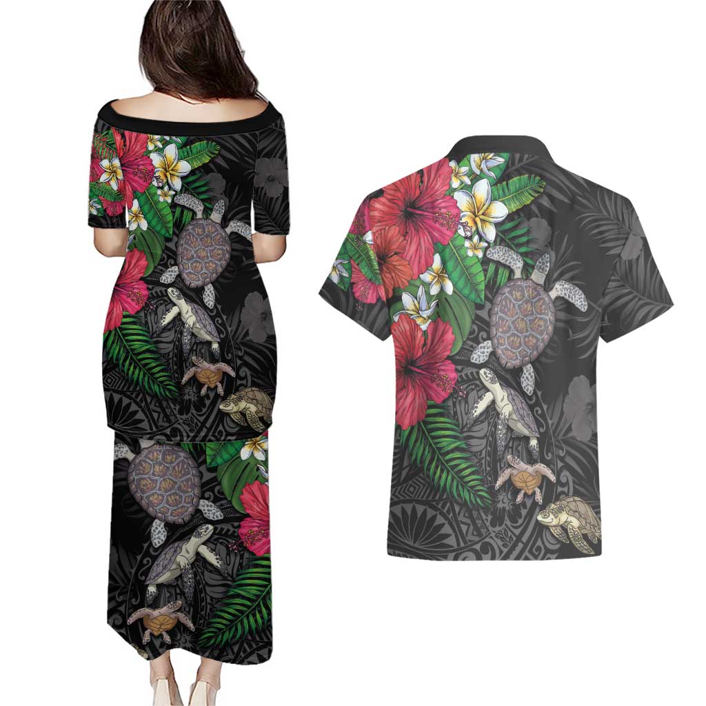 Hawaiian Tropical Plants and Turtles Couples Matching Puletasi and Hawaiian Shirt Polynesian Art Motifs LT03 - Polynesian Pride