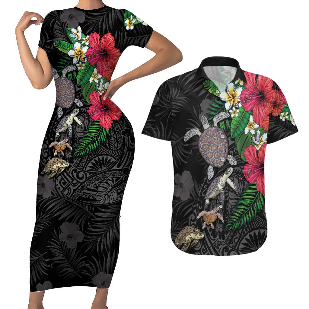 Hawaiian Tropical Plants and Turtles Couples Matching Short Sleeve Bodycon Dress and Hawaiian Shirt Polynesian Art Motifs LT03 Black - Polynesian Pride