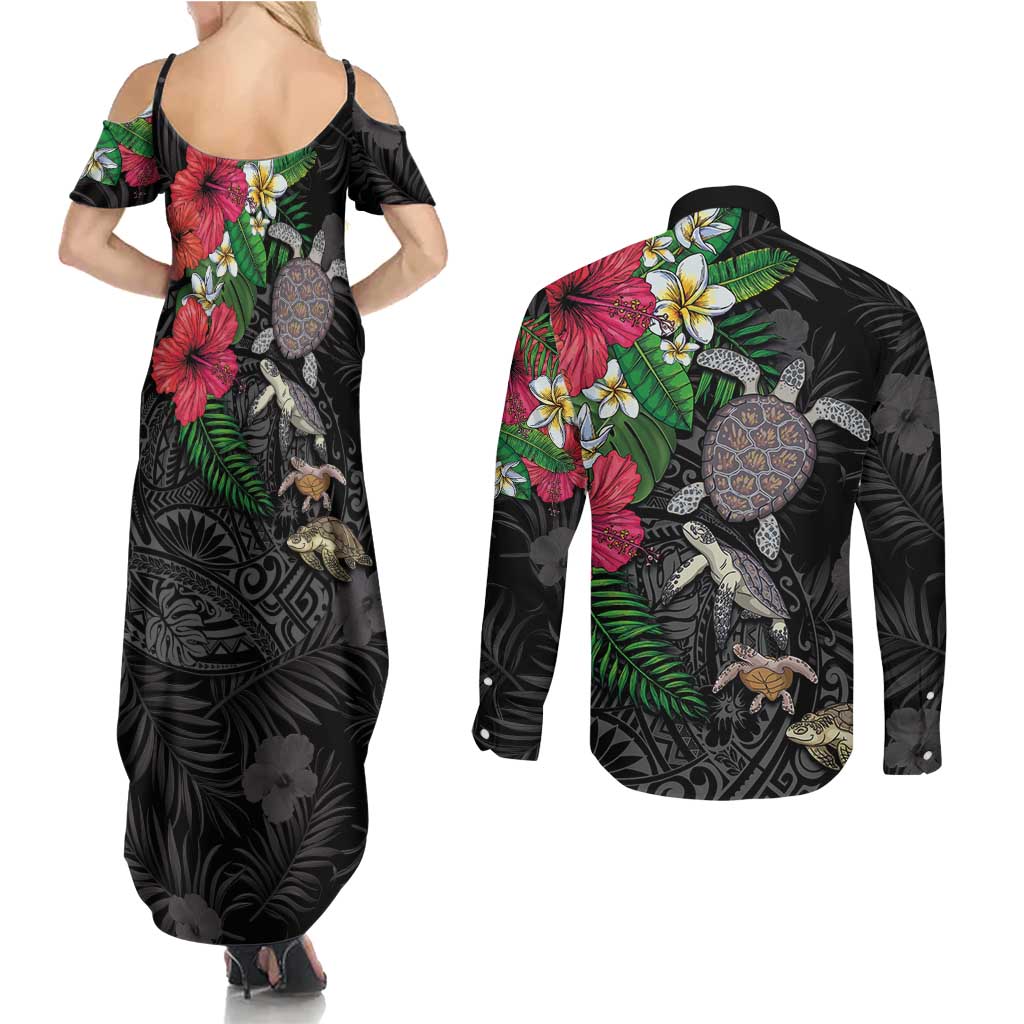 Hawaiian Tropical Plants and Turtles Couples Matching Summer Maxi Dress and Long Sleeve Button Shirt Polynesian Art Motifs LT03 - Polynesian Pride
