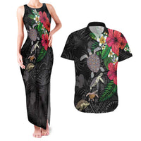 Hawaiian Tropical Plants and Turtles Couples Matching Tank Maxi Dress and Hawaiian Shirt Polynesian Art Motifs LT03 Black - Polynesian Pride