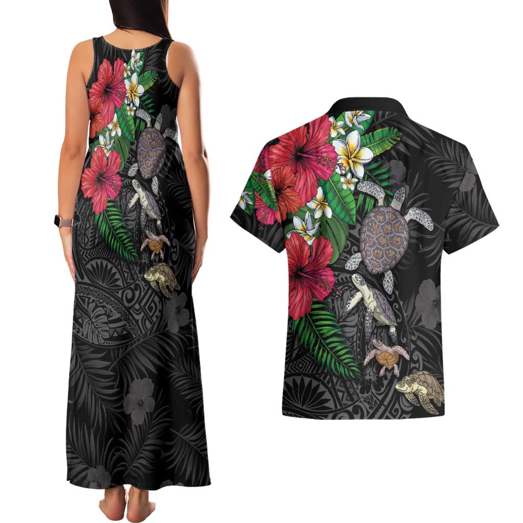 Hawaiian Tropical Plants and Turtles Couples Matching Tank Maxi Dress and Hawaiian Shirt Polynesian Art Motifs LT03 - Polynesian Pride