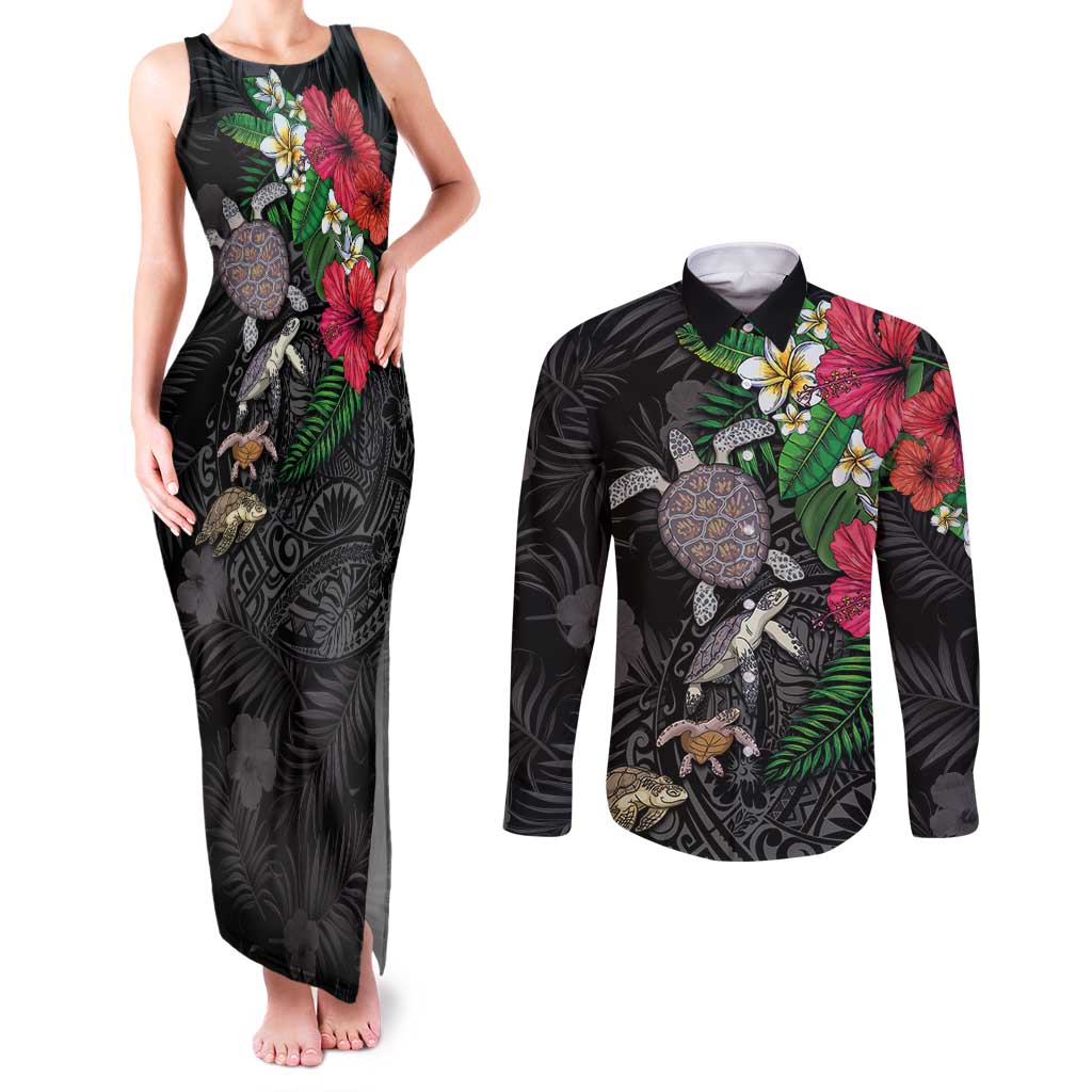 Hawaiian Tropical Plants and Turtles Couples Matching Tank Maxi Dress and Long Sleeve Button Shirt Polynesian Art Motifs LT03 Black - Polynesian Pride
