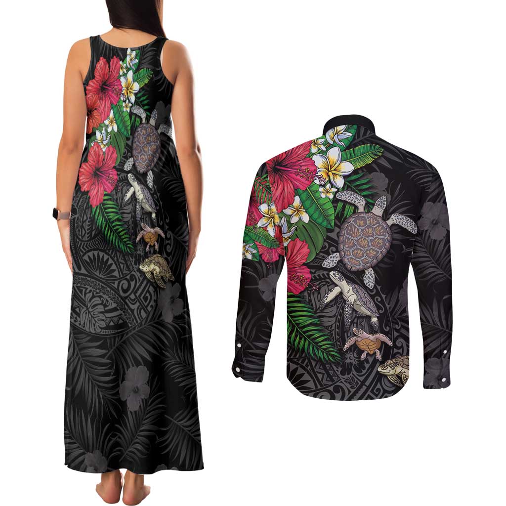 Hawaiian Tropical Plants and Turtles Couples Matching Tank Maxi Dress and Long Sleeve Button Shirt Polynesian Art Motifs LT03 - Polynesian Pride