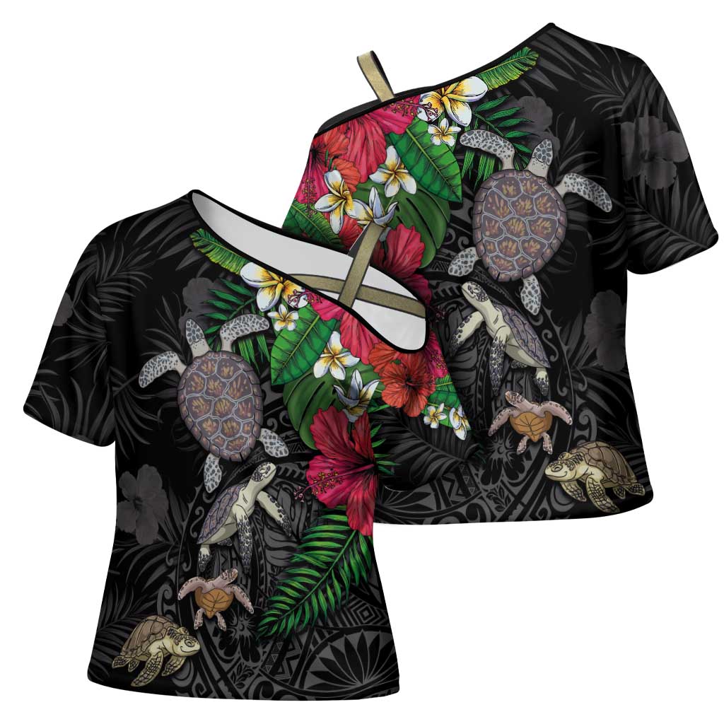 Hawaiian Tropical Plants and Turtles Cross Shoulder Shirt Polynesian Art Motifs