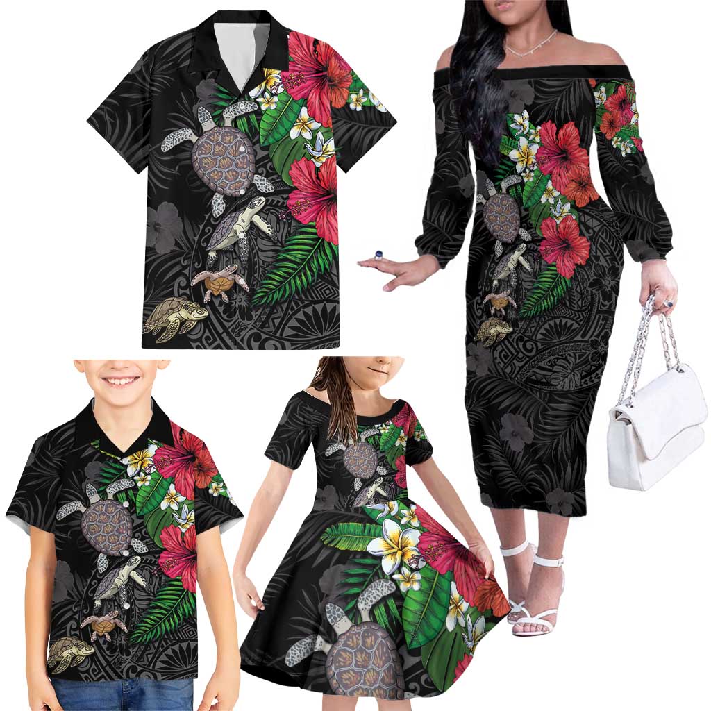 Hawaiian Tropical Plants and Turtles Family Matching Off The Shoulder Long Sleeve Dress and Hawaiian Shirt Polynesian Art Motifs LT03 - Polynesian Pride