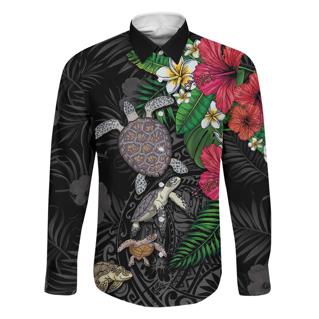 Hawaiian Tropical Plants and Turtles Family Matching Off Shoulder Maxi Dress and Hawaiian Shirt Polynesian Art Motifs LT03 Dad's Shirt - Long Sleeve Black - Polynesian Pride