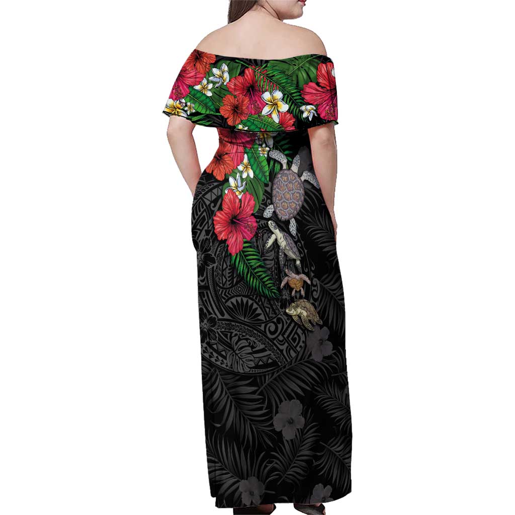 Hawaiian Tropical Plants and Turtles Family Matching Off Shoulder Maxi Dress and Hawaiian Shirt Polynesian Art Motifs LT03 - Polynesian Pride
