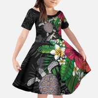 Hawaiian Tropical Plants and Turtles Family Matching Puletasi and Hawaiian Shirt Polynesian Art Motifs LT03 Daughter's Dress Black - Polynesian Pride