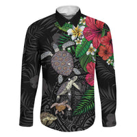 Hawaiian Tropical Plants and Turtles Family Matching Summer Maxi Dress and Hawaiian Shirt Polynesian Art Motifs LT03 Dad's Shirt - Long Sleeve Black - Polynesian Pride