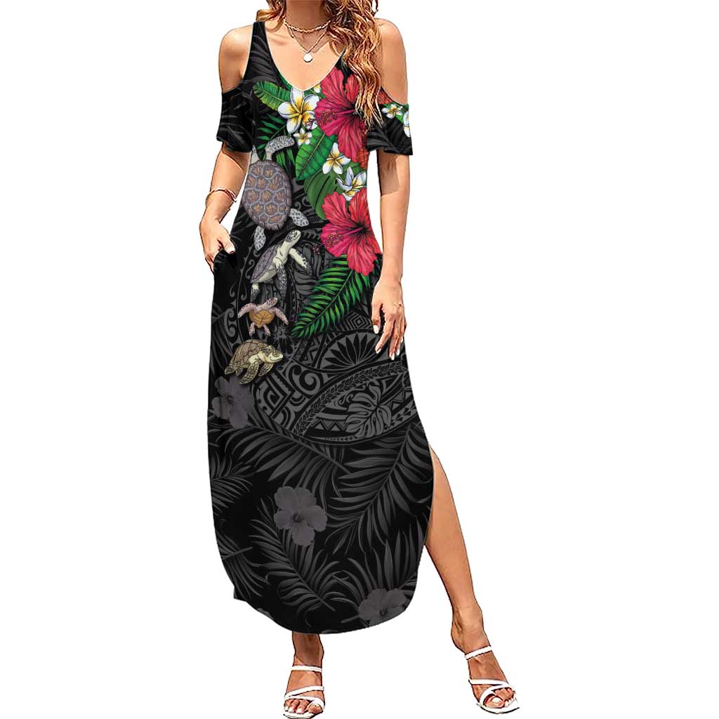 Hawaiian Tropical Plants and Turtles Family Matching Summer Maxi Dress and Hawaiian Shirt Polynesian Art Motifs LT03 Mom's Dress Black - Polynesian Pride