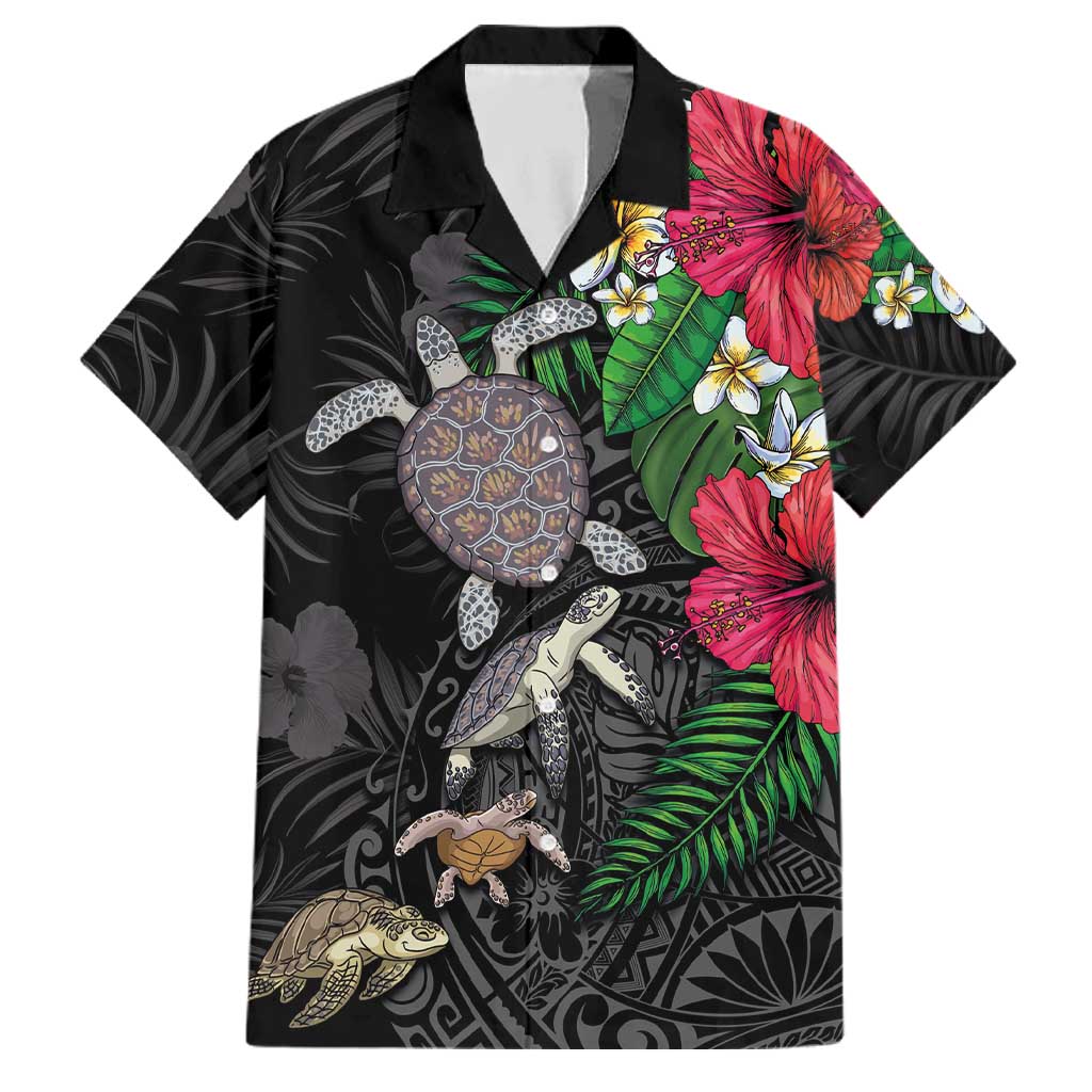 Hawaiian Tropical Plants and Turtles Family Matching Tank Maxi Dress and Hawaiian Shirt Polynesian Art Motifs LT03 Dad's Shirt - Short Sleeve Black - Polynesian Pride
