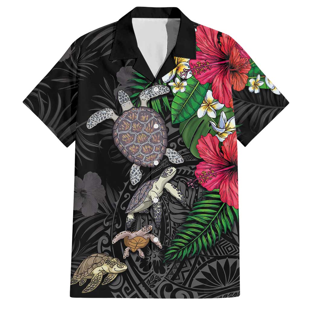 Hawaiian Tropical Plants and Turtles Hawaiian Shirt Polynesian Art Motifs LT03 Black - Polynesian Pride