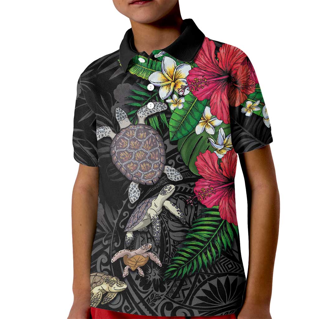 Hawaiian Tropical Plants and Turtles Kid Polo Shirt Polynesian Art Motifs