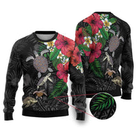 Hawaiian Tropical Plants and Turtles Ugly Christmas Sweater Polynesian Art Motifs LT03 Black - Polynesian Pride