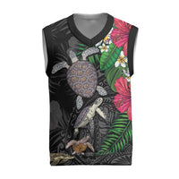 Hawaiian Tropical Plants and Turtles Christmas Knitted V-Neck Vest Polynesian Art Motifs LT03 Black - Polynesian Pride
