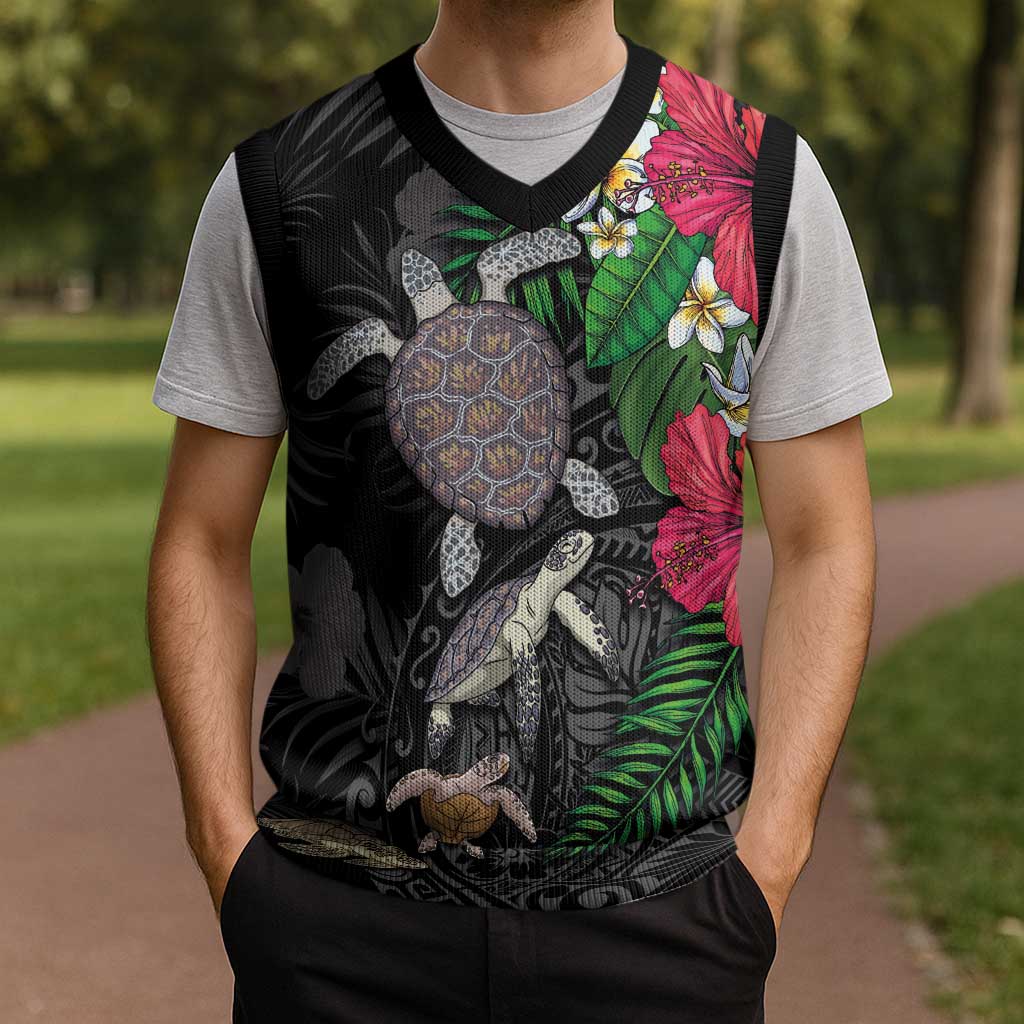 Hawaiian Tropical Plants and Turtles Christmas Knitted V-Neck Vest Polynesian Art Motifs LT03 - Polynesian Pride