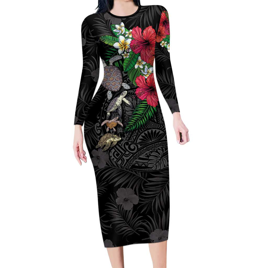 Hawaiian Tropical Plants and Turtles Long Sleeve Bodycon Dress Polynesian Art Motifs LT03 Long Dress Black - Polynesian Pride