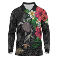 Hawaiian Tropical Plants and Turtles Long Sleeve Polo Shirt Polynesian Art Motifs
