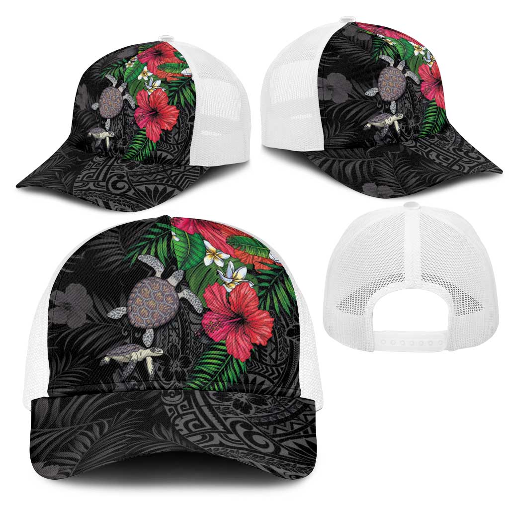 Hawaiian Tropical Plants and Turtles Mesh Trucker Cap Polynesian Art Motifs