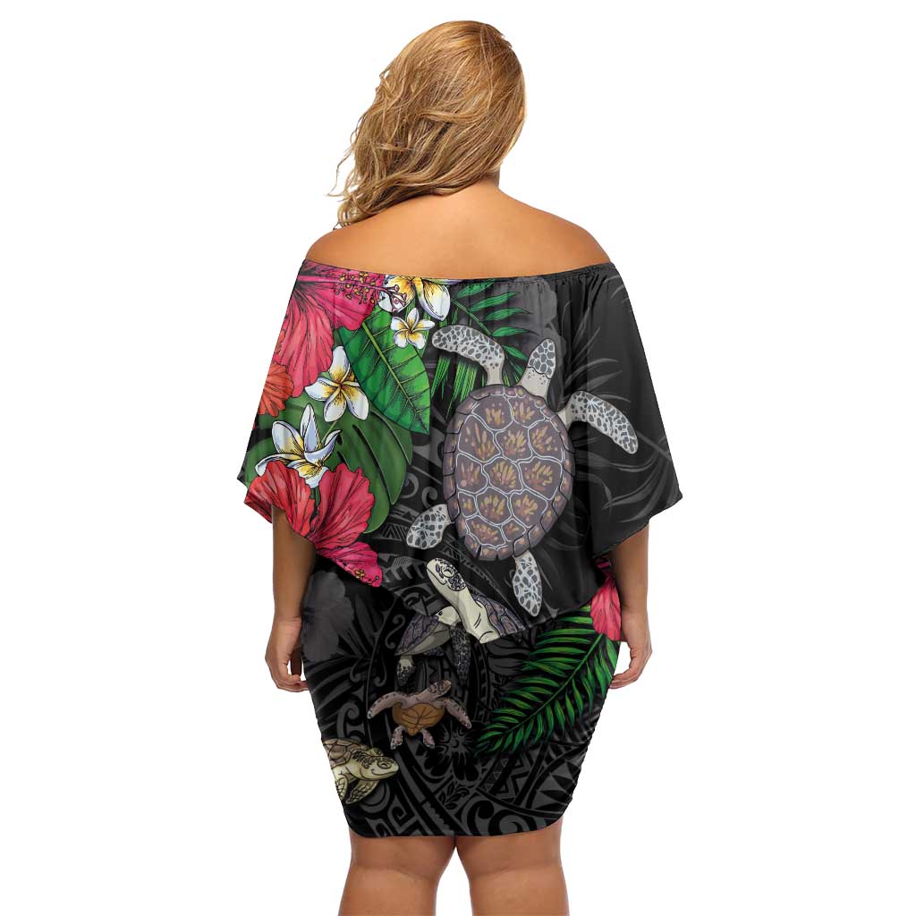 Hawaiian Tropical Plants and Turtles Off Shoulder Short Dress Polynesian Art Motifs