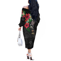 Hawaiian Tropical Plants and Turtles Off The Shoulder Long Sleeve Dress Polynesian Art Motifs LT03 - Polynesian Pride