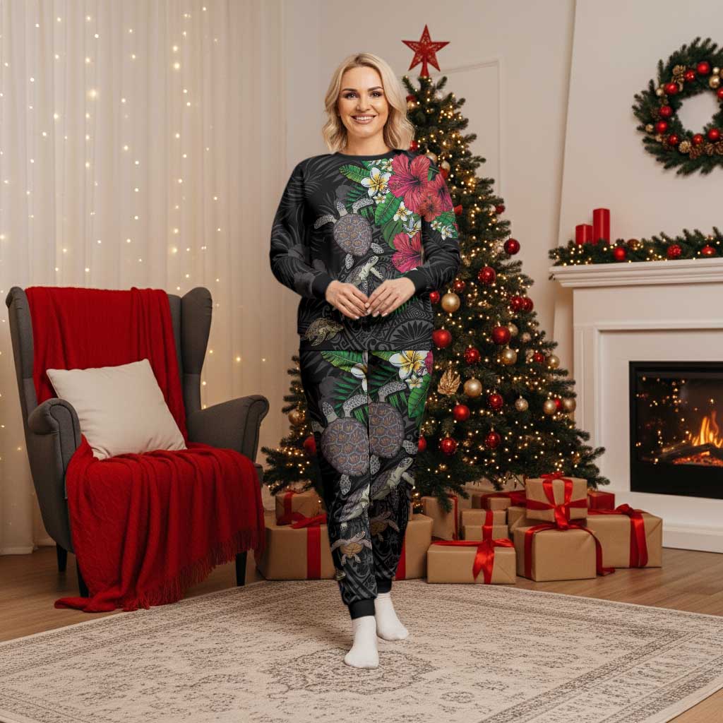 Hawaiian Tropical Plants and Turtles Christmas Pajama Set Polynesian Art Motifs LT03 Women Black - Polynesian Pride