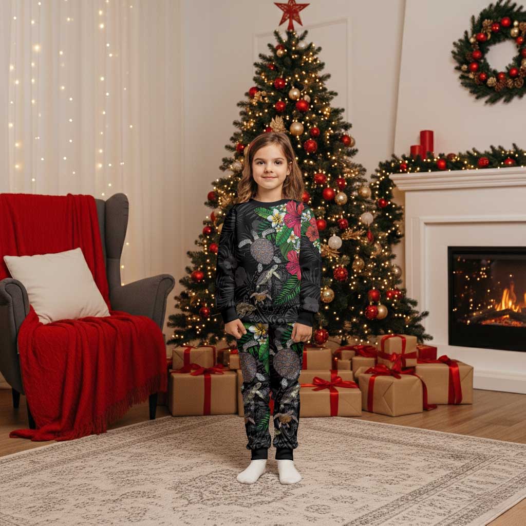 Hawaiian Tropical Plants and Turtles Christmas Pajama Set Polynesian Art Motifs LT03 Kid Black - Polynesian Pride