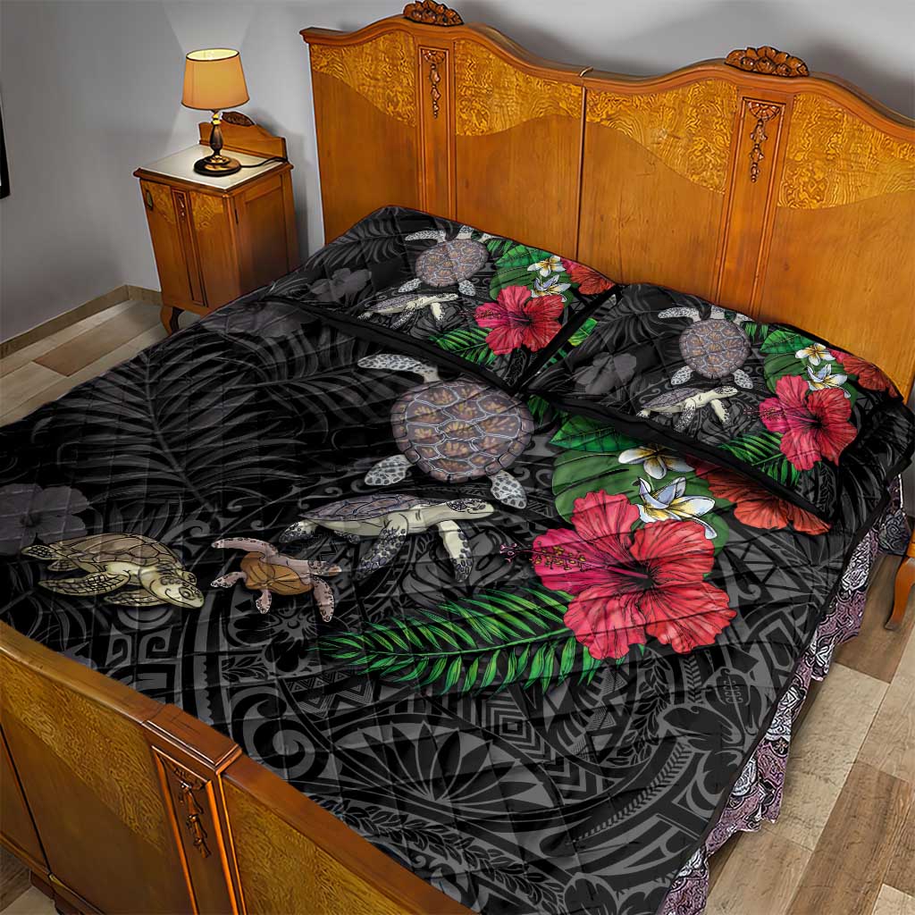 Hawaiian Tropical Plants and Turtles Quilt Bed Set Polynesian Art Motifs