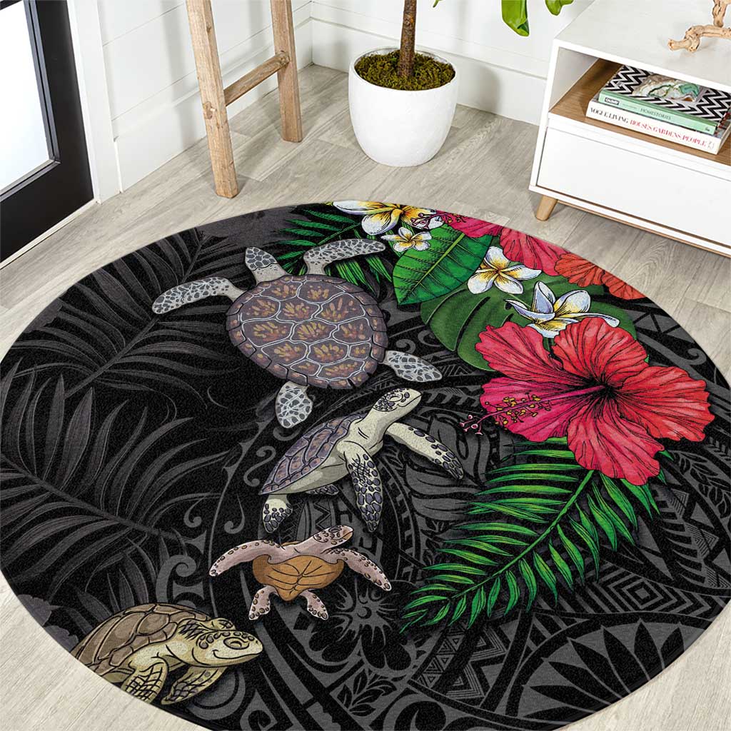 Hawaiian Tropical Plants and Turtles Round Carpet Polynesian Art Motifs