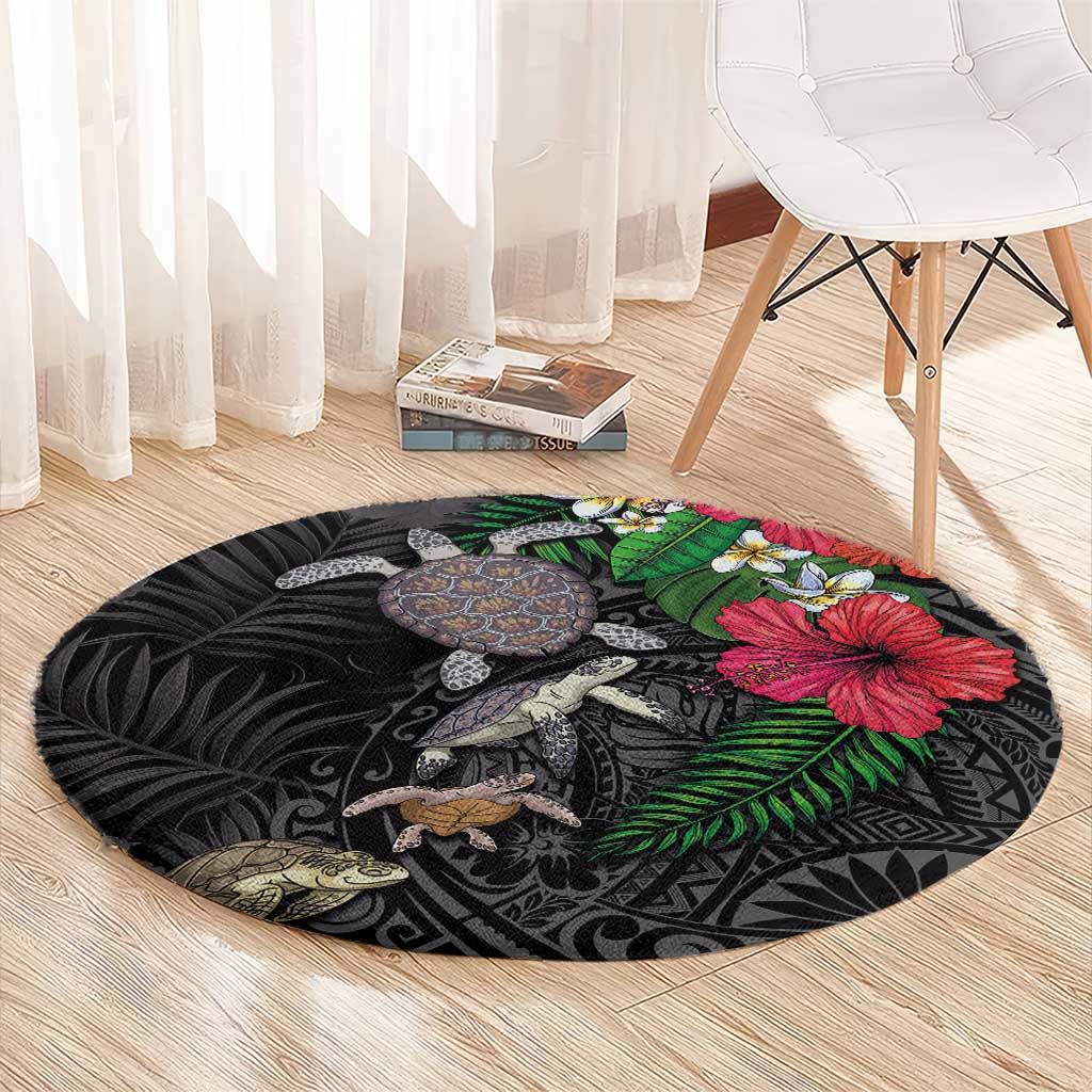 Hawaiian Tropical Plants and Turtles Round Carpet Polynesian Art Motifs