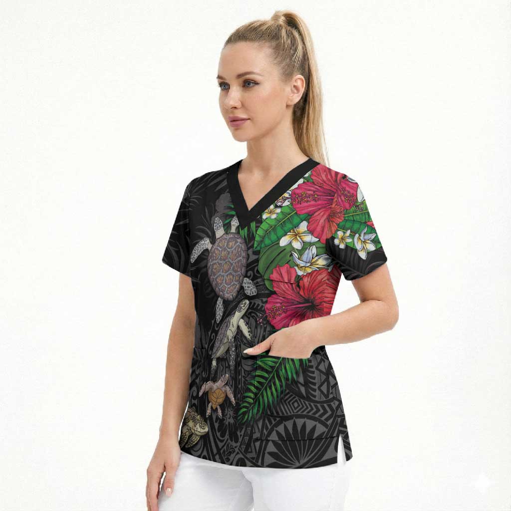 Hawaiian Tropical Plants and Turtles Scrub Top Polynesian Art Motifs