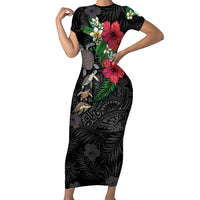Hawaiian Tropical Plants and Turtles Short Sleeve Bodycon Dress Polynesian Art Motifs LT03 Long Dress Black - Polynesian Pride