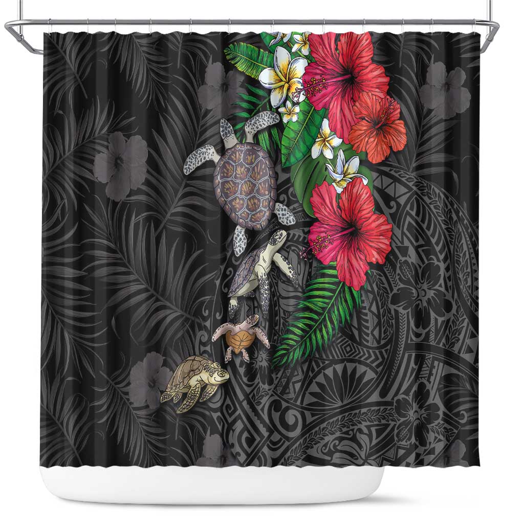 Hawaiian Tropical Plants and Turtles Shower Curtain Polynesian Art Motifs LT03 Black - Polynesian Pride
