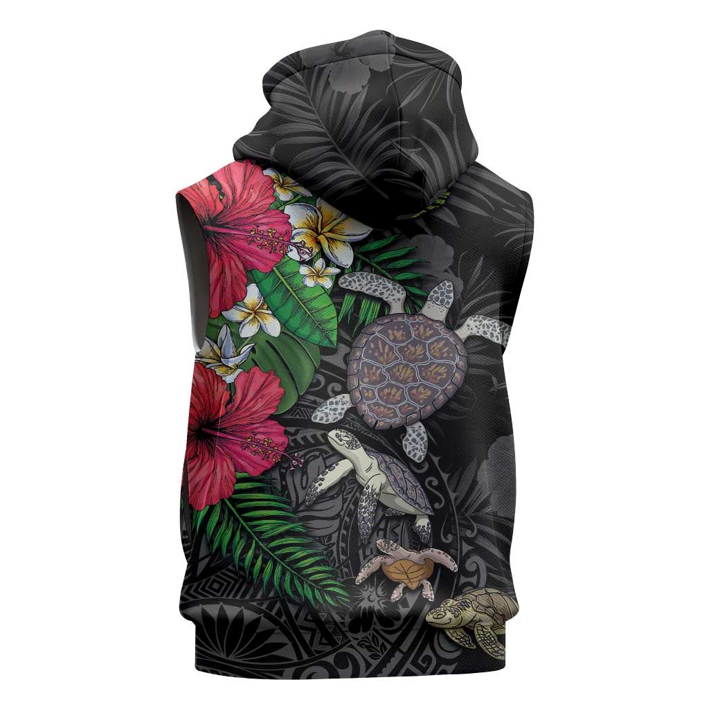 Hawaiian Tropical Plants and Turtles Sleeveless Hoodie Polynesian Art Motifs