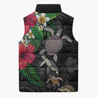 Hawaiian Tropical Plants and Turtles Sleeveless Puffer Jacket Polynesian Art Motifs