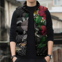 Hawaiian Tropical Plants and Turtles Sleeveless Puffer Jacket Polynesian Art Motifs