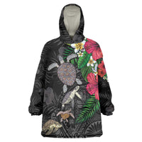 Hawaiian Tropical Plants and Turtles Wearable Blanket Hoodie Polynesian Art Motifs LT03 One Size Black - Polynesian Pride