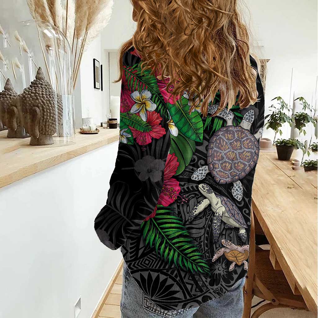 Hawaiian Tropical Plants and Turtles Women Casual Shirt Polynesian Art Motifs LT03 - Polynesian Pride